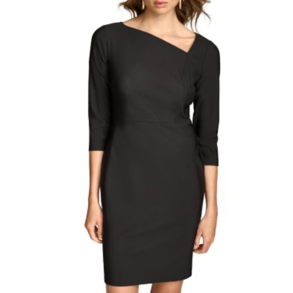 Donna Karan New York Black Asymmetrical Neck Sheath Dress 3/4 Sleeve Size 6
